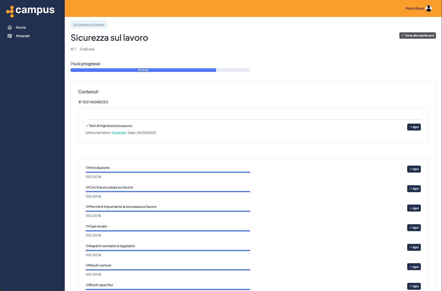 Screenshot dell'interfaccia di fruizione dei corsi
